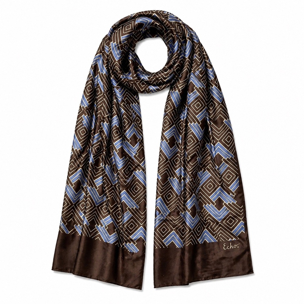 Echo Scarf Brown Blue Geometric Print Lightweight Wrap Boho